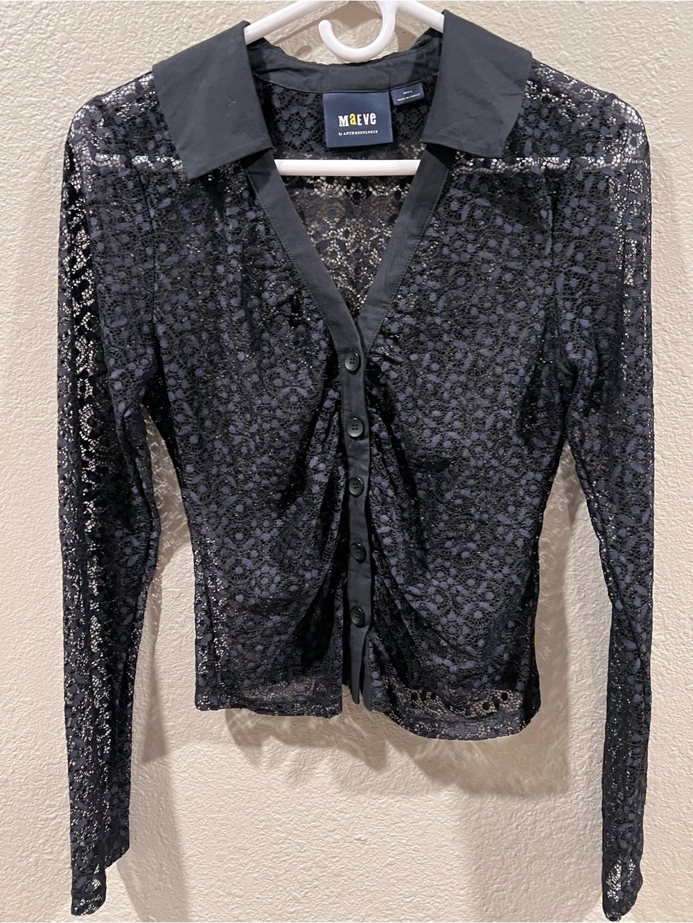 Maeve by Anthropologie Black Sheer Lace Ruched Blouse Button Down Top S